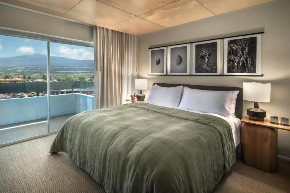 City View Room with king bed, balcony, and mountain outlook at PACIFIC 19 Kona.