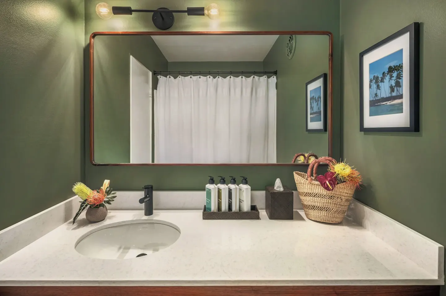 Suite Ohana bathroom vanity with mirror at PACIFIC 19 Kona.