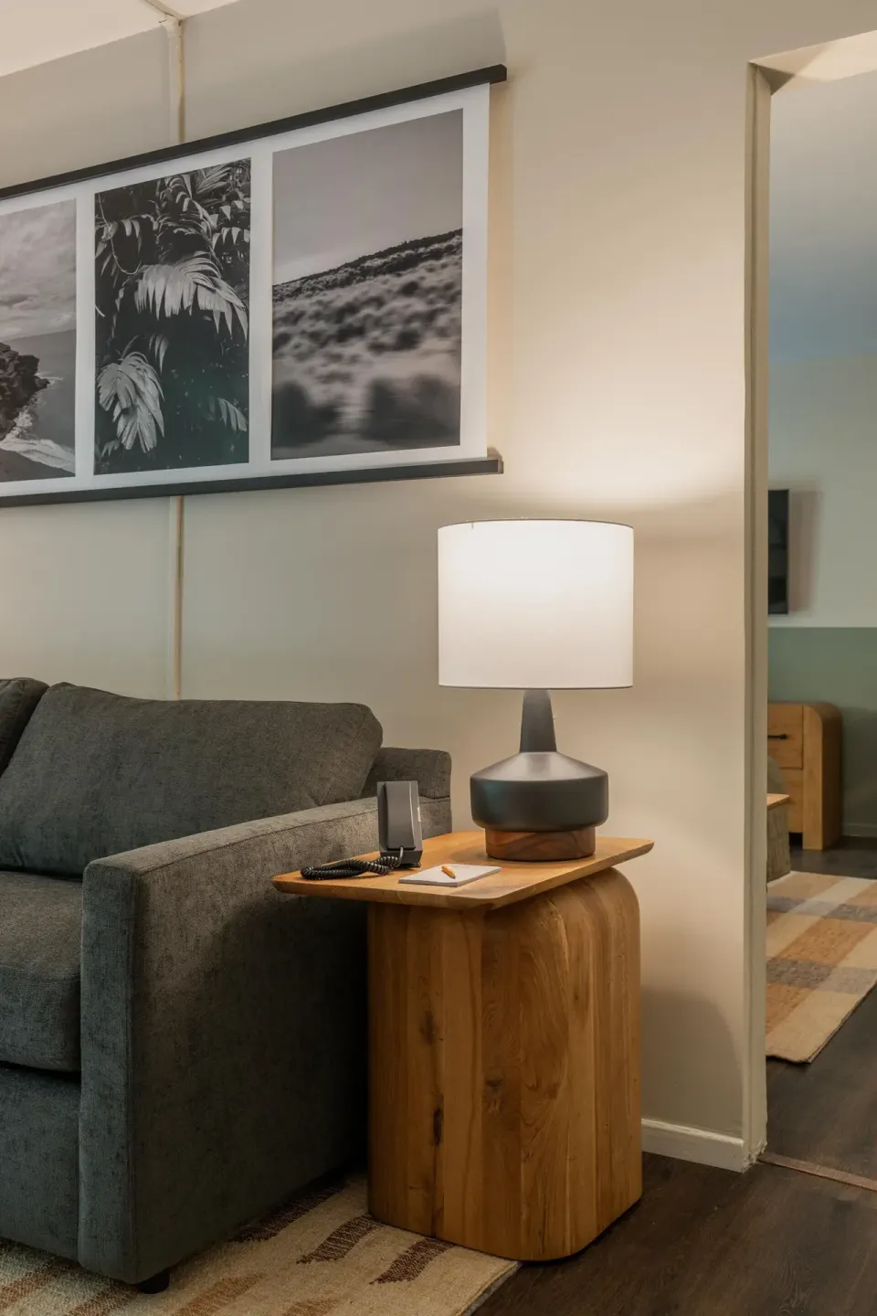 Suite Ohana sofa side table and lamp at PACIFIC 19 Kona.