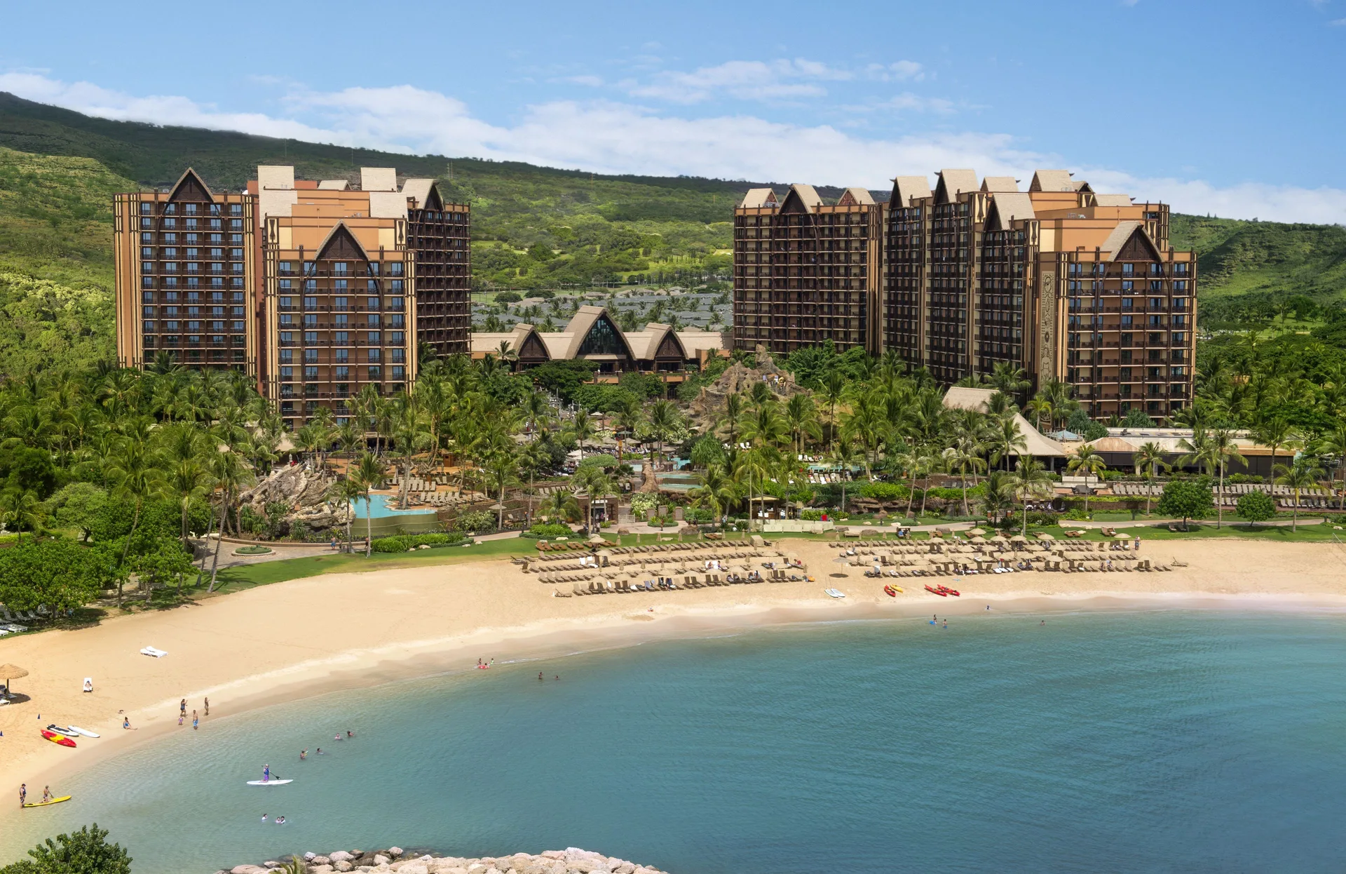Aulani Disney Resort and Spa Ko Olina family resort with pools, beach lagoon and Hawaiian theming