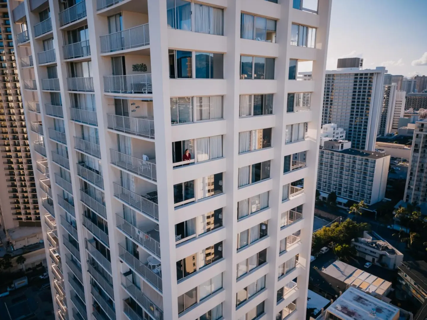 Exterior tower of Pacific Monarch Hotel with balconies and surrounding Waikiki buildings.
