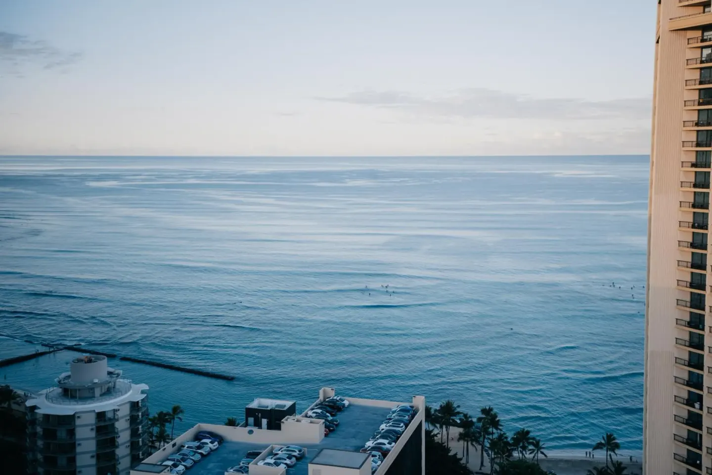 Ocean view with Waikiki shoreline and nearby towers from Pacific Monarch Hotel.