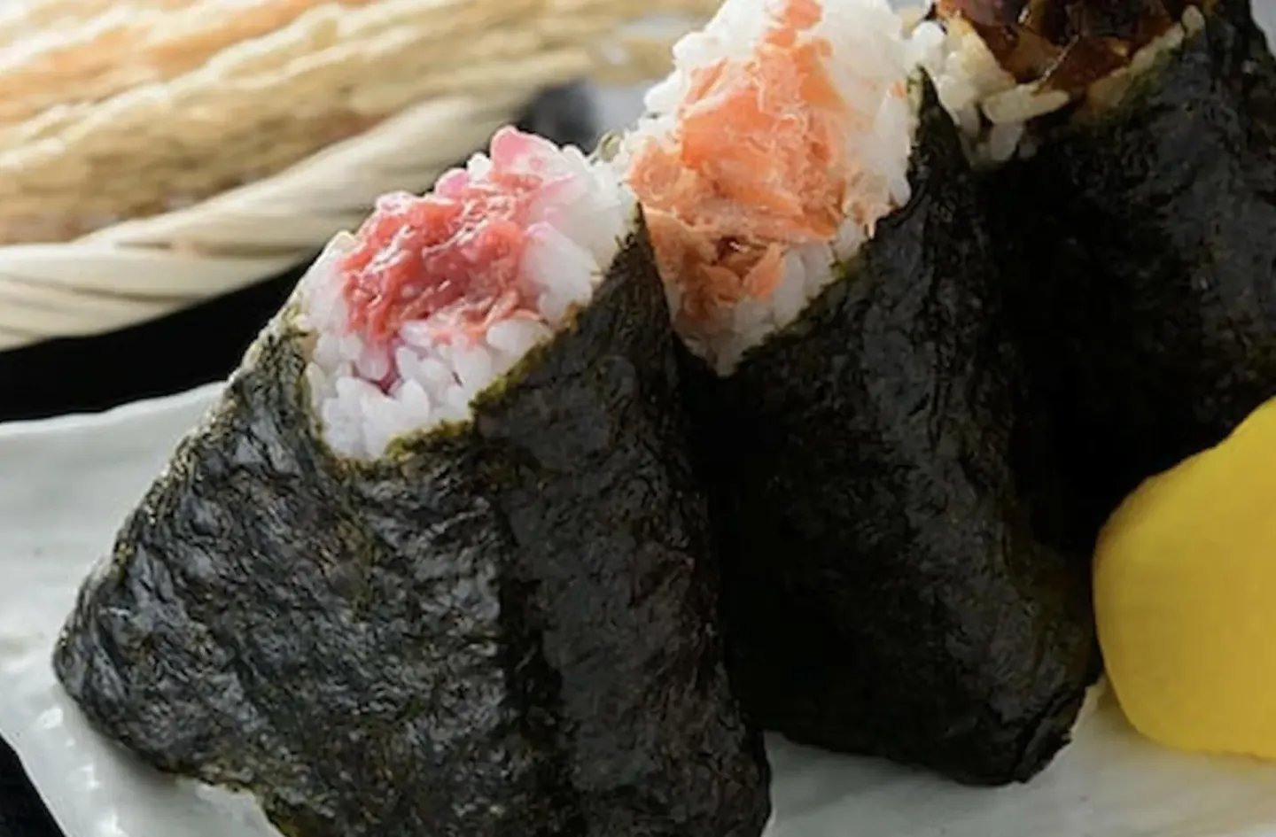 Close-up of rice and seaweed musubi near Pacific Monarch Hotel.