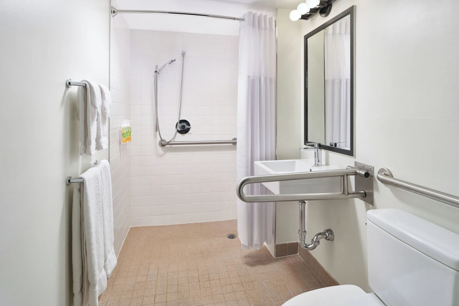 Mobility accessible room bathroom with roll-in shower and grab bars at Pagoda Hotel.
