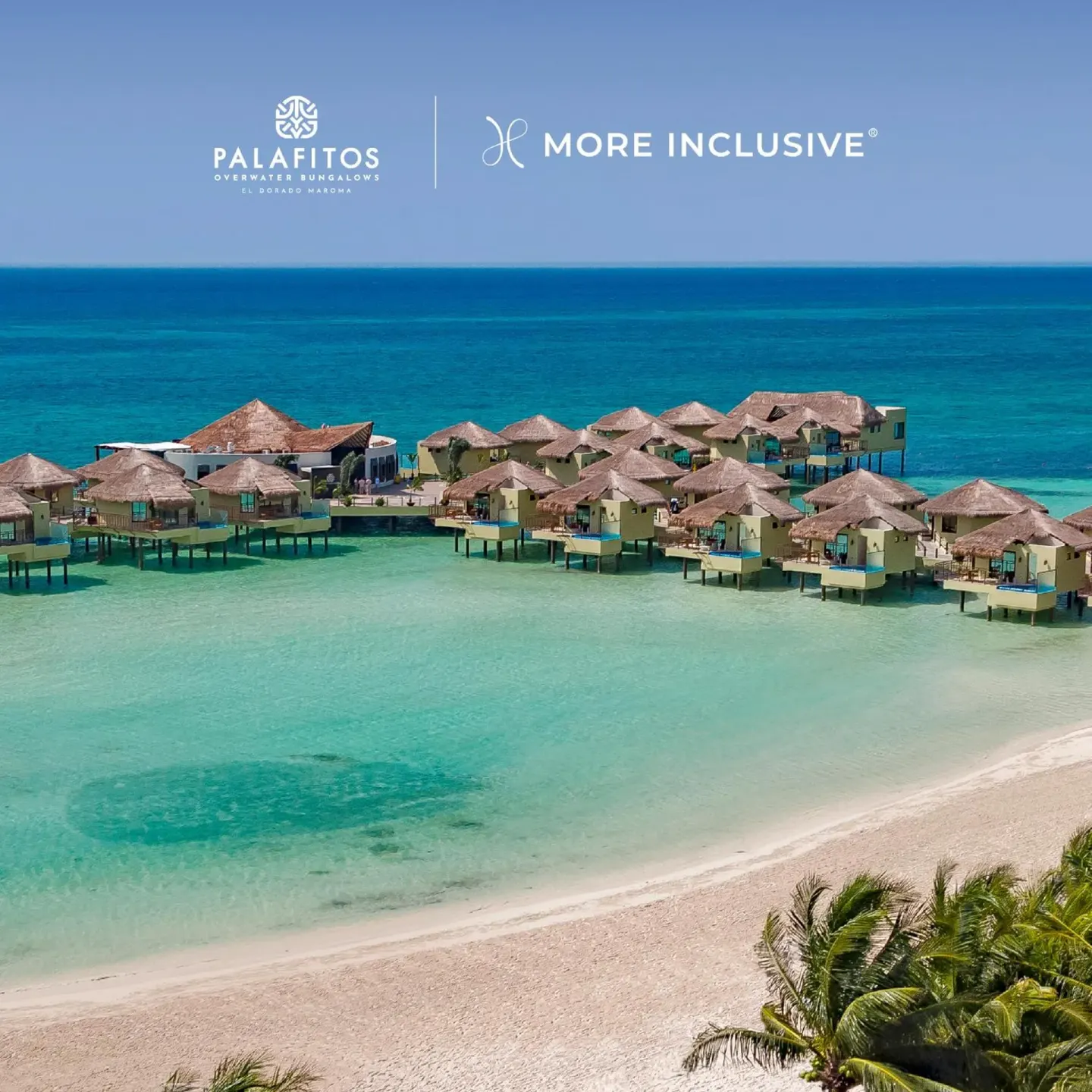 Aerial view of overwater bungalows and beach at Palafitos Overwater Bungalows.