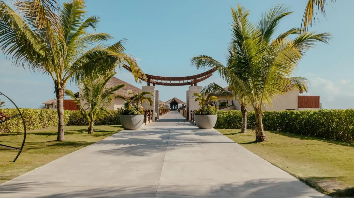 Palm-lined resort walkway leading toward the overwater area at Palafitos Overwater Bungalows.