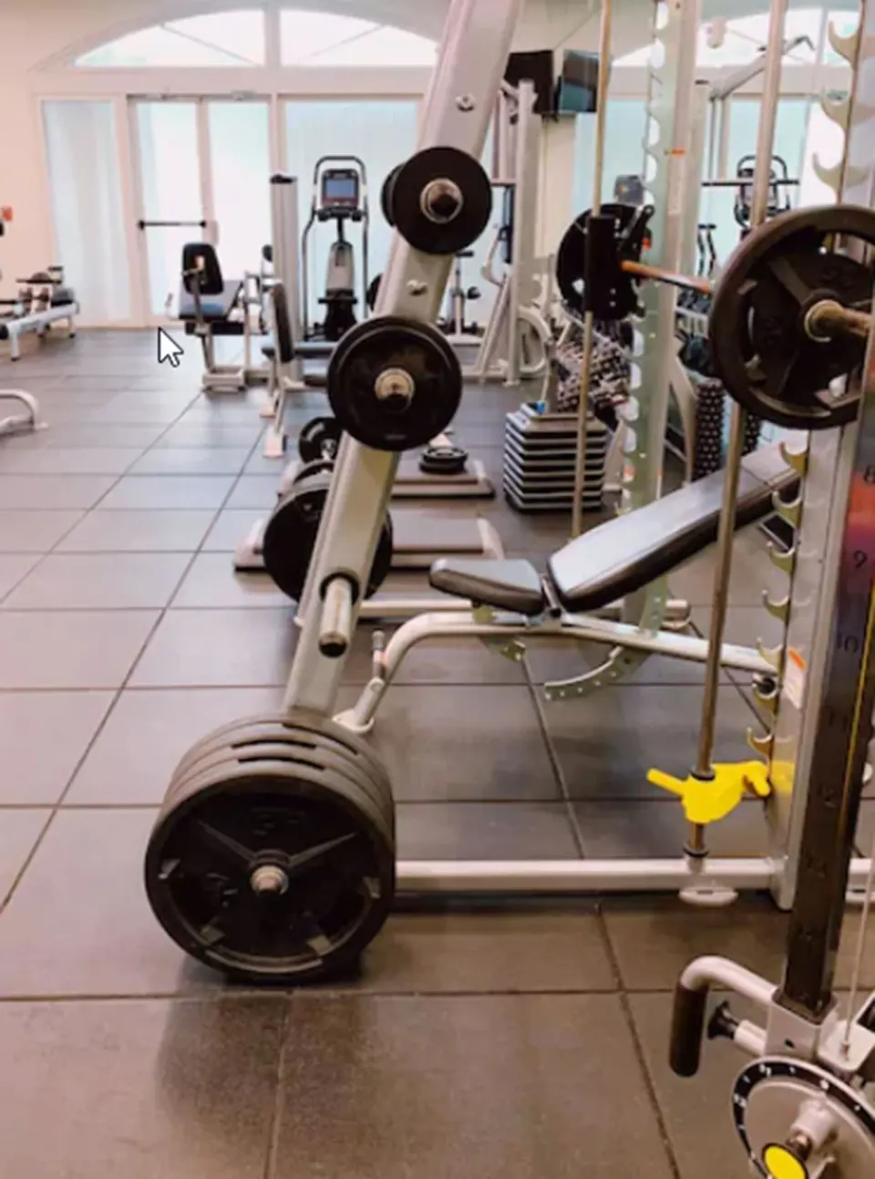Resort fitness room with free weights, bench press and cardio machines at Palm Heights.