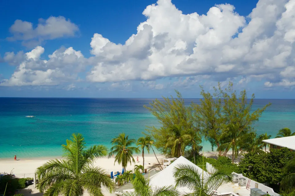 Turquoise sea and a stretch of white beach seen from Palm Heights grounds.