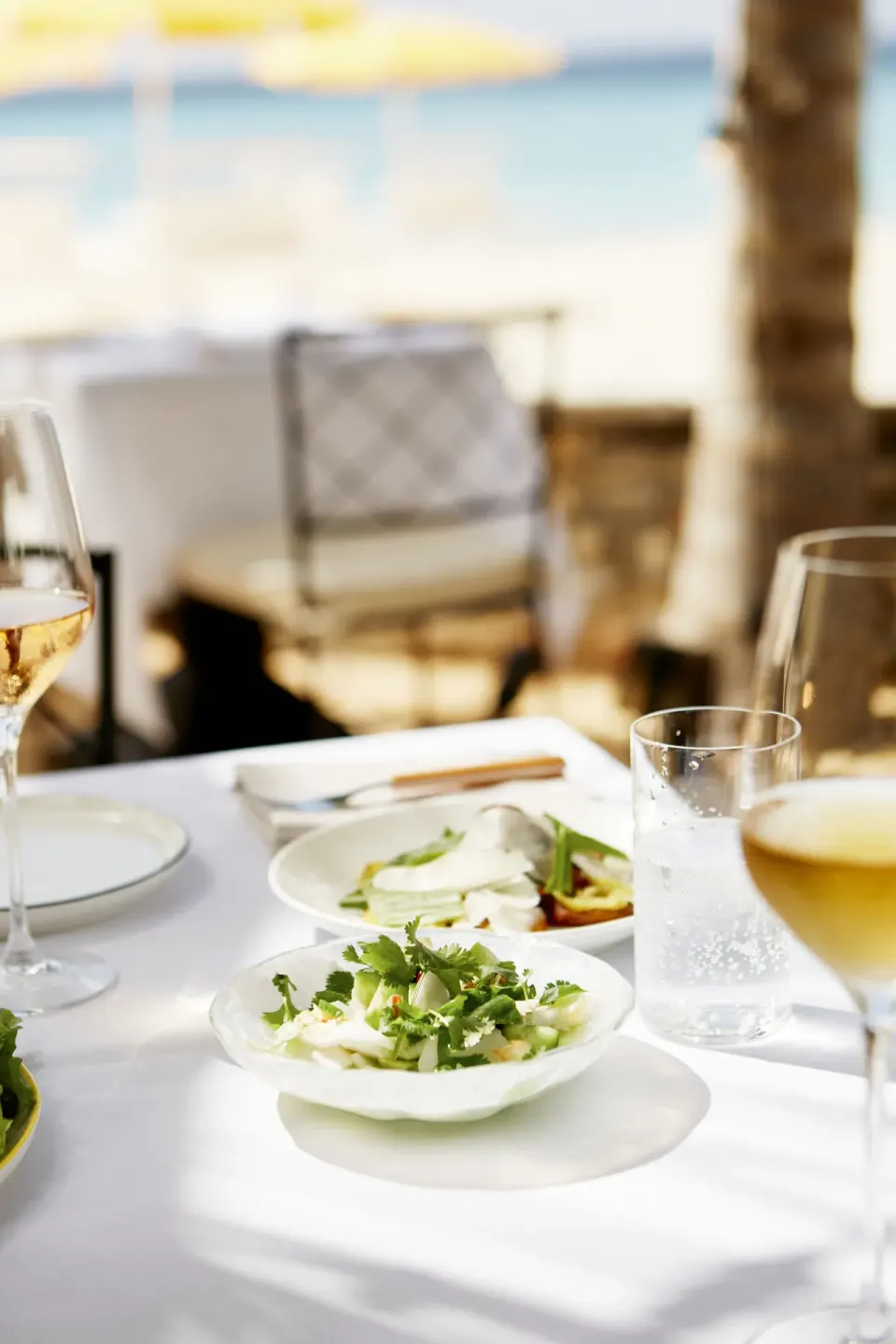 Table set with salads and wine with a blurred beach view at Palm Heights