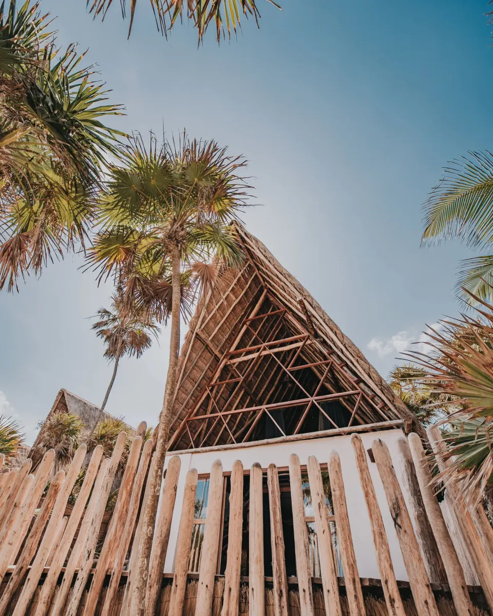Tall triangular thatched pavilion and palm trees reaching to the sky at Papaya Playa Project