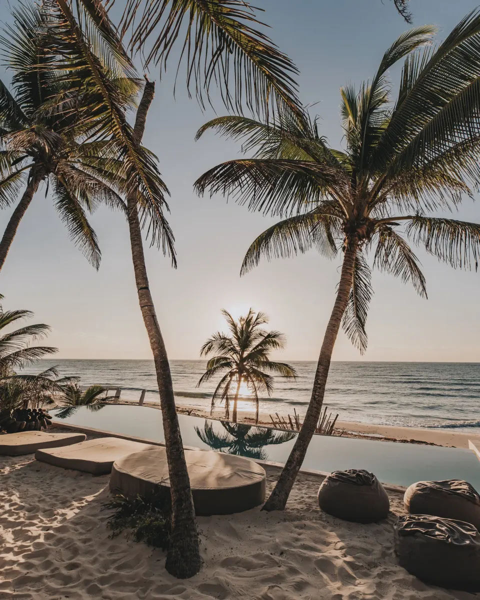 Sandy beach with palm trees and an infinity pool at Papaya Playa Project.