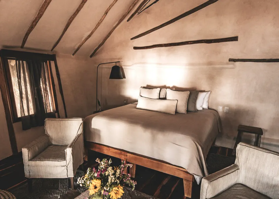 Bedroom with king bed and two armchairs at Papaya Playa Project