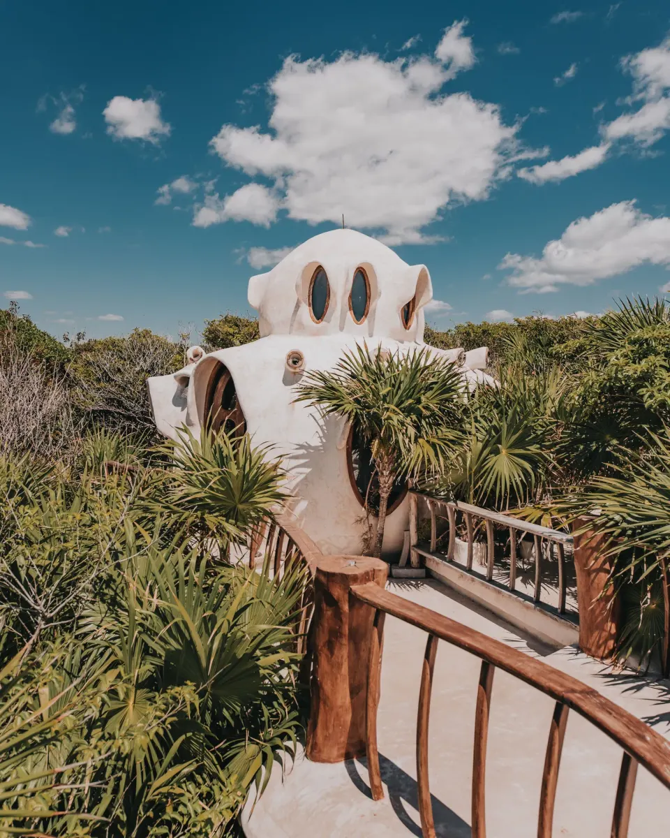 White sculptural building and wooden walkway through mangroves at Papaya Playa Project.