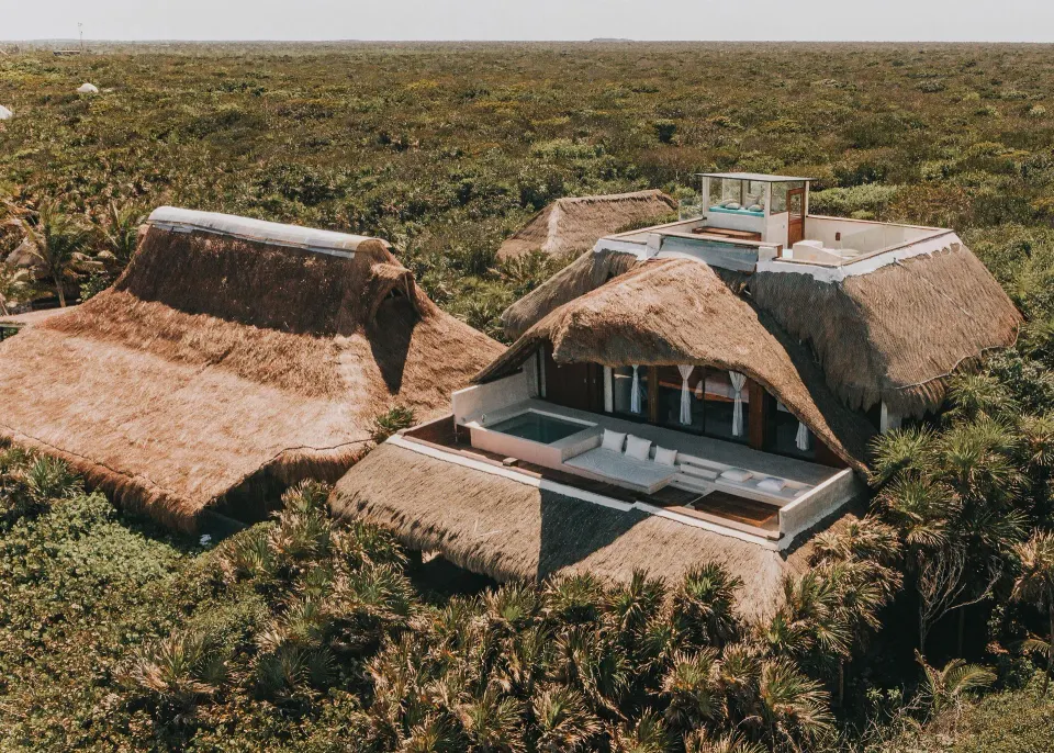 Aerial view of thatched-roof Casa Palapa villas and private terraces at Papaya Playa Project