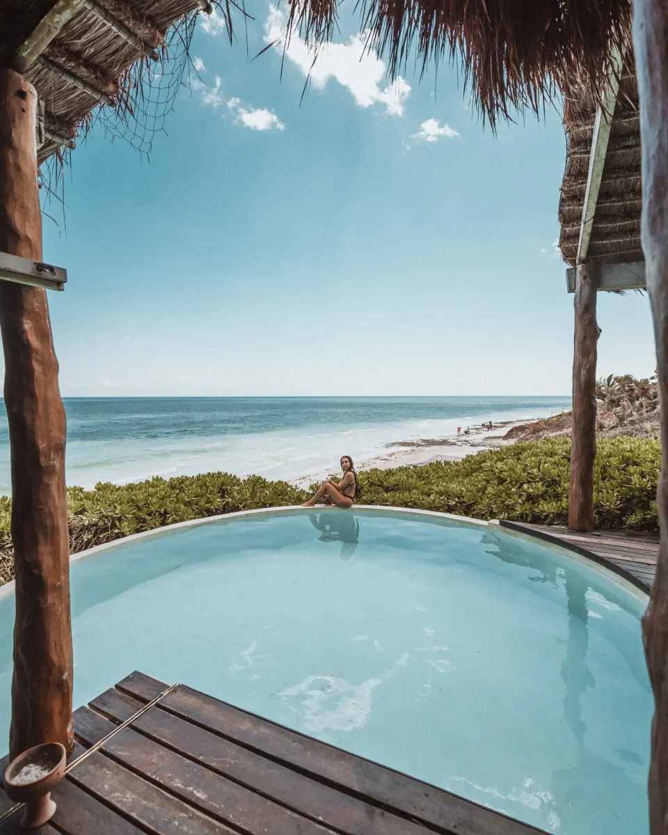 Private plunge pool and ocean view from a Casa Palapa terrace at Papaya Playa Project