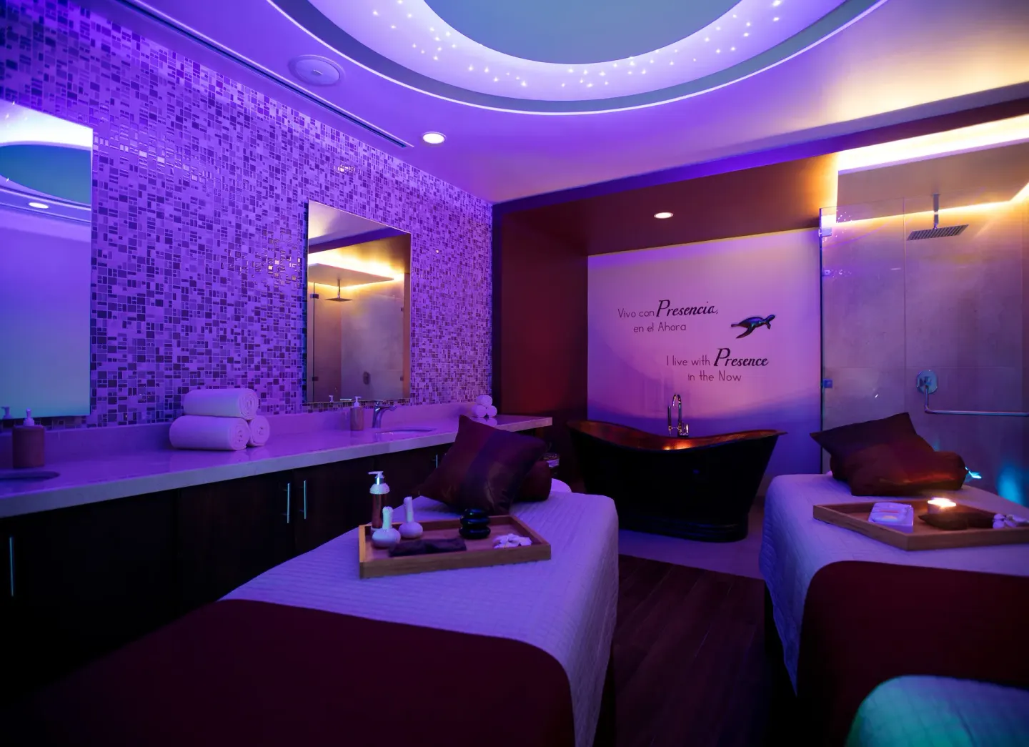 Spa treatment room with massage beds and a soaking tub at Paradise Village Beach Resort and Spa.