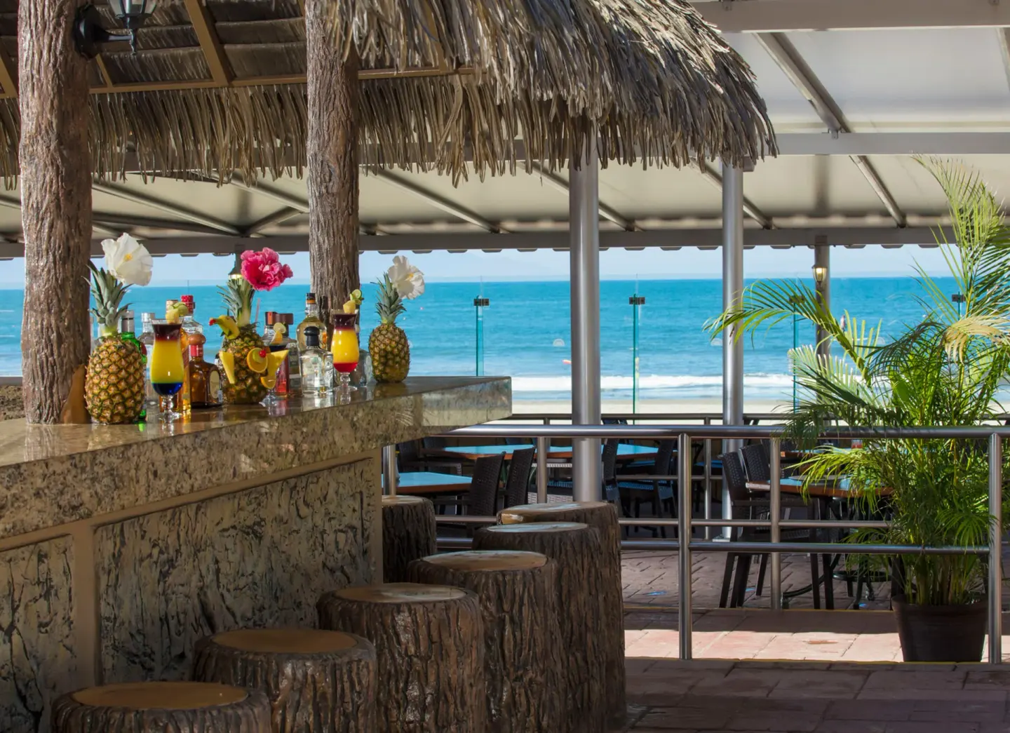Beach bar counter with ocean view at Paradise Village Beach Resort and Spa.