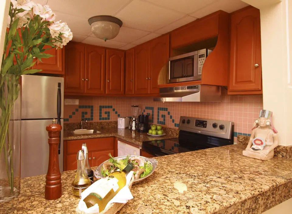Standard Studio Suite kitchen with granite counter at Paradise Village Beach Resort and Spa.