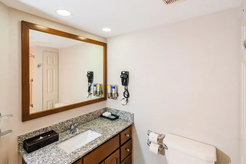 Superior Studio Suite bathroom vanity and toilet at Paradise Village Beach Resort and Spa.