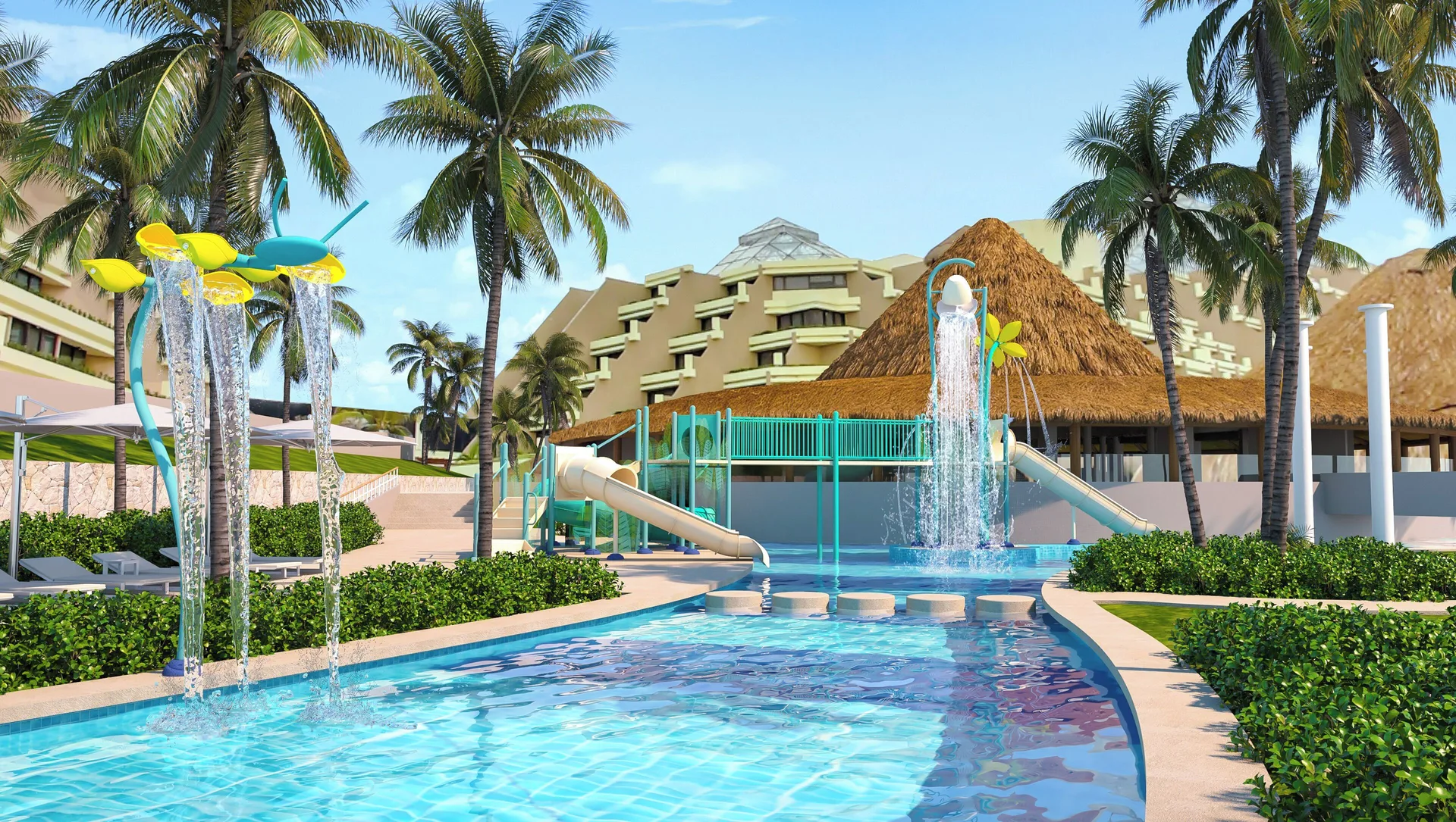 Children's water play pool with slides and splash features at Paradisus Cancún.