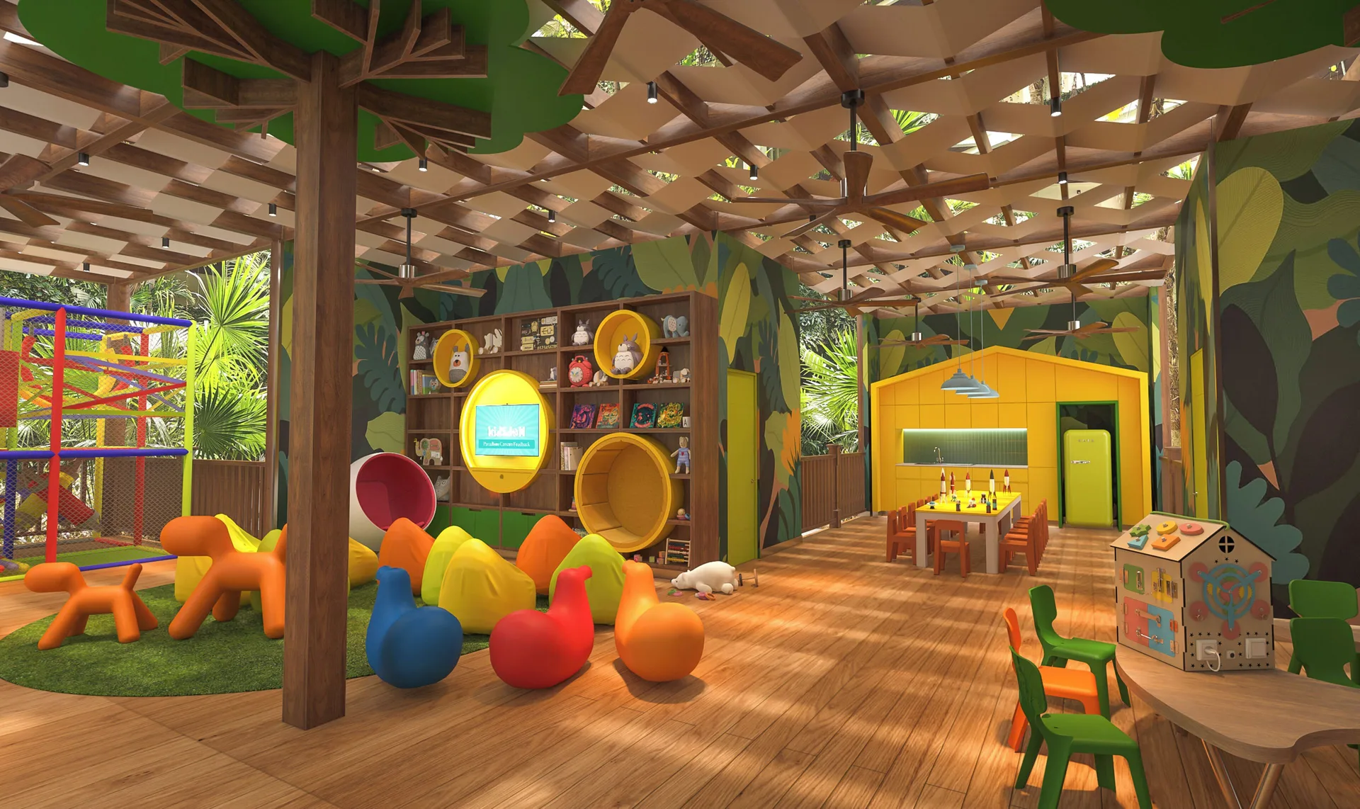 Colorful indoor children’s play area with jungle murals at Paradisus Cancún.