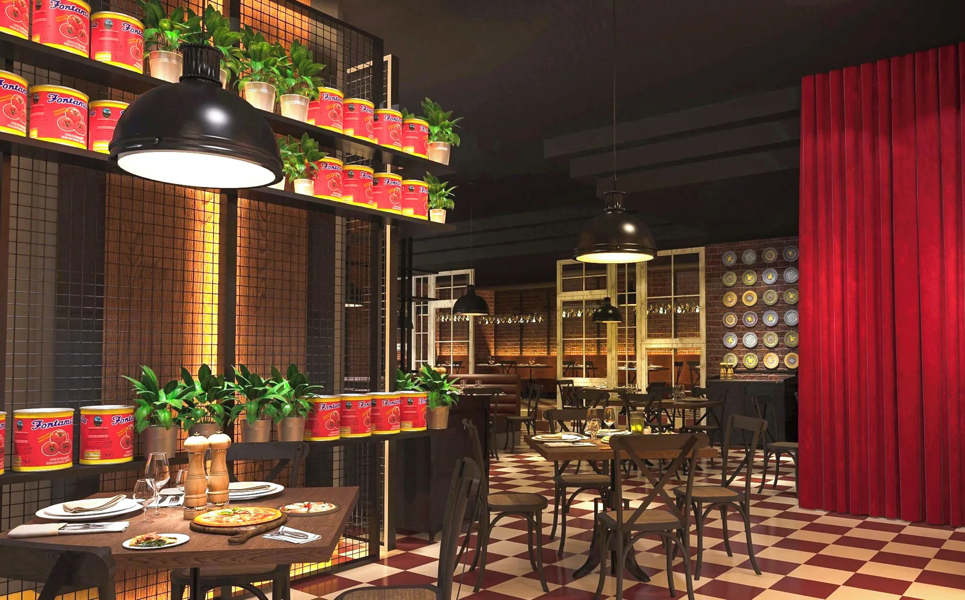 An Italian-style dining room with checkered floors and red curtains is shown at Paradisus Cancún.