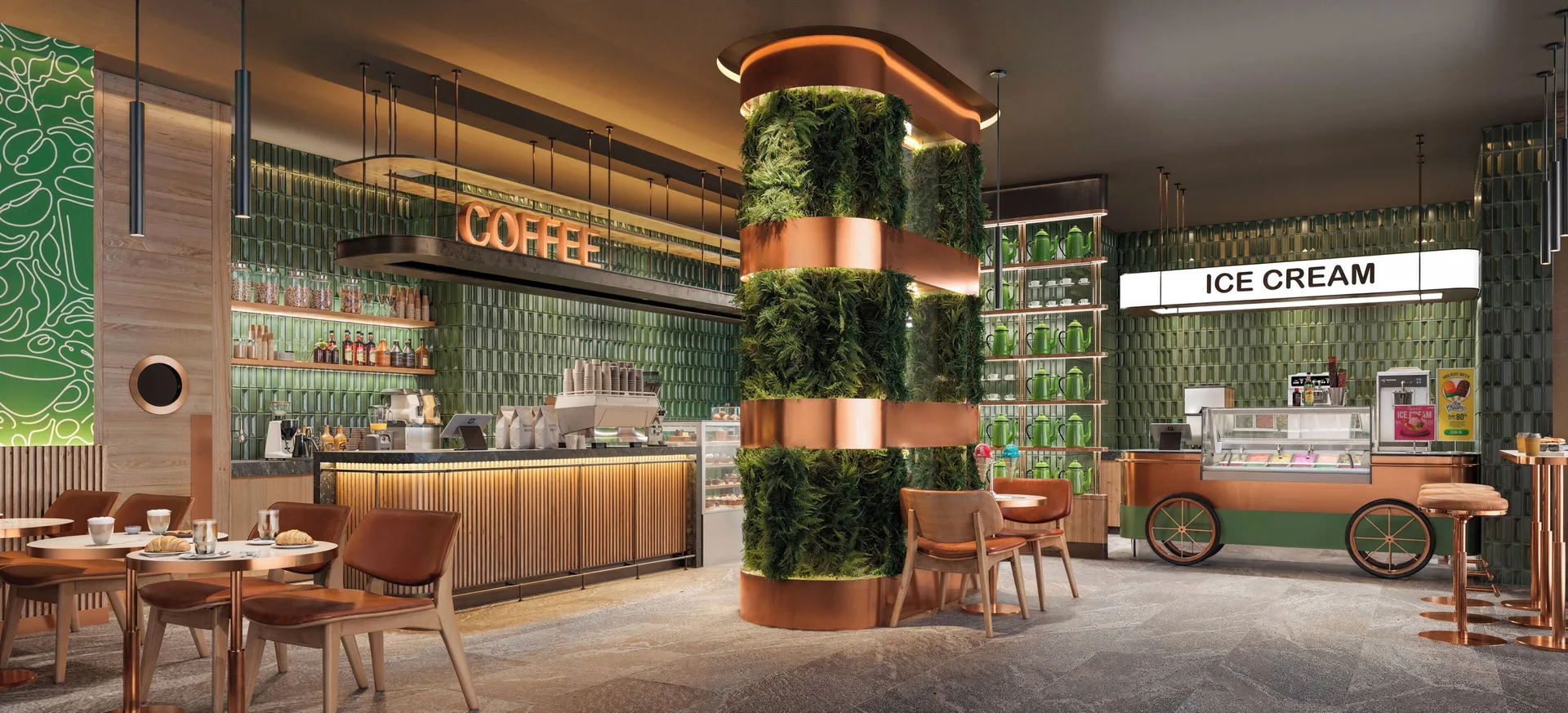 Coffee and ice cream counter with green tile walls at Paradisus Cancún.