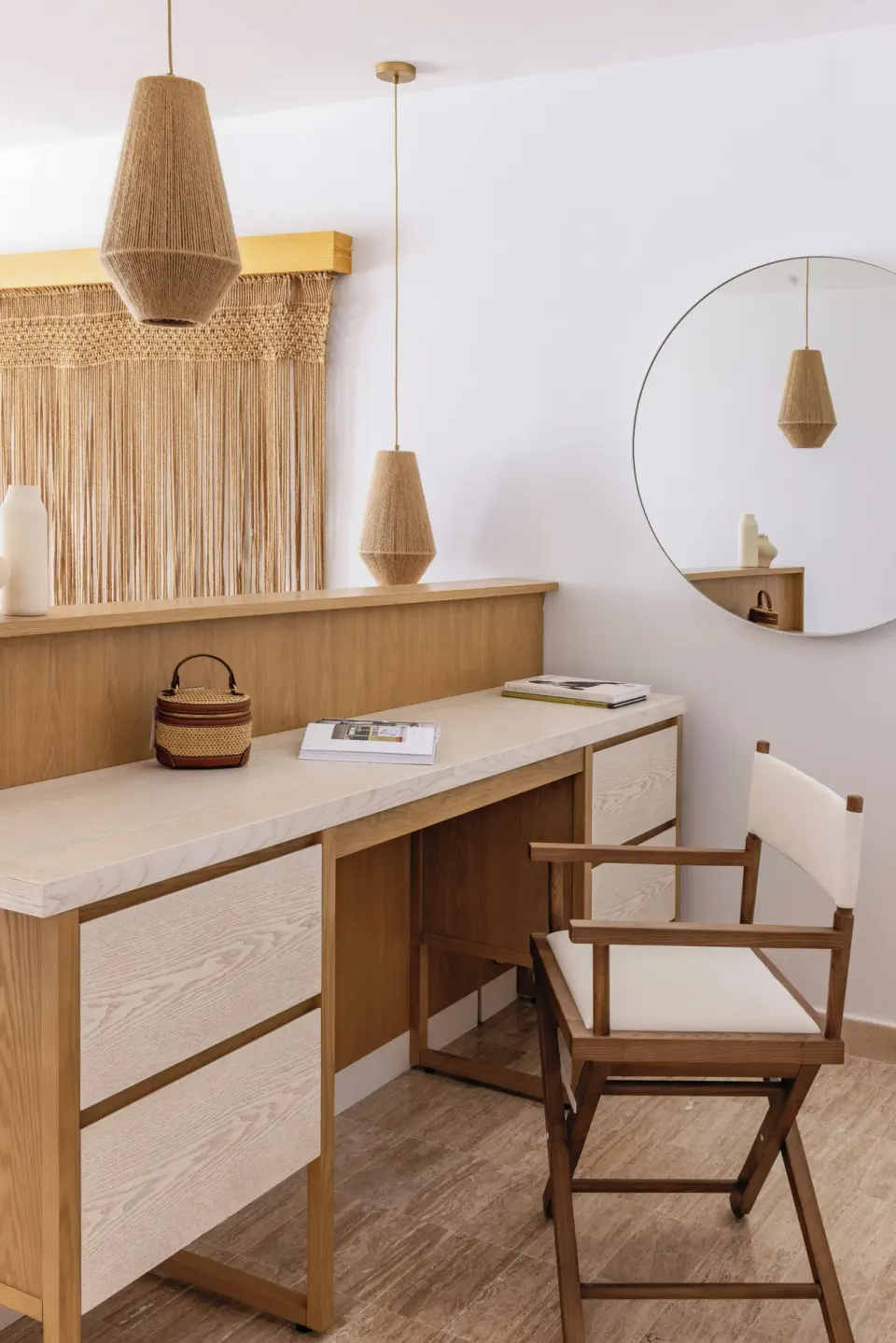 Family Concierge Two Bedroom Ocean View desk area at Paradisus Cancún with chair and woven pendant lights.