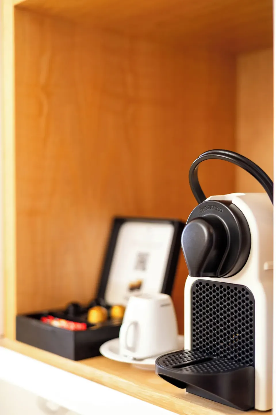 In-suite coffee machine and cups in The Reserve Master Suite at Paradisus Cancún.
