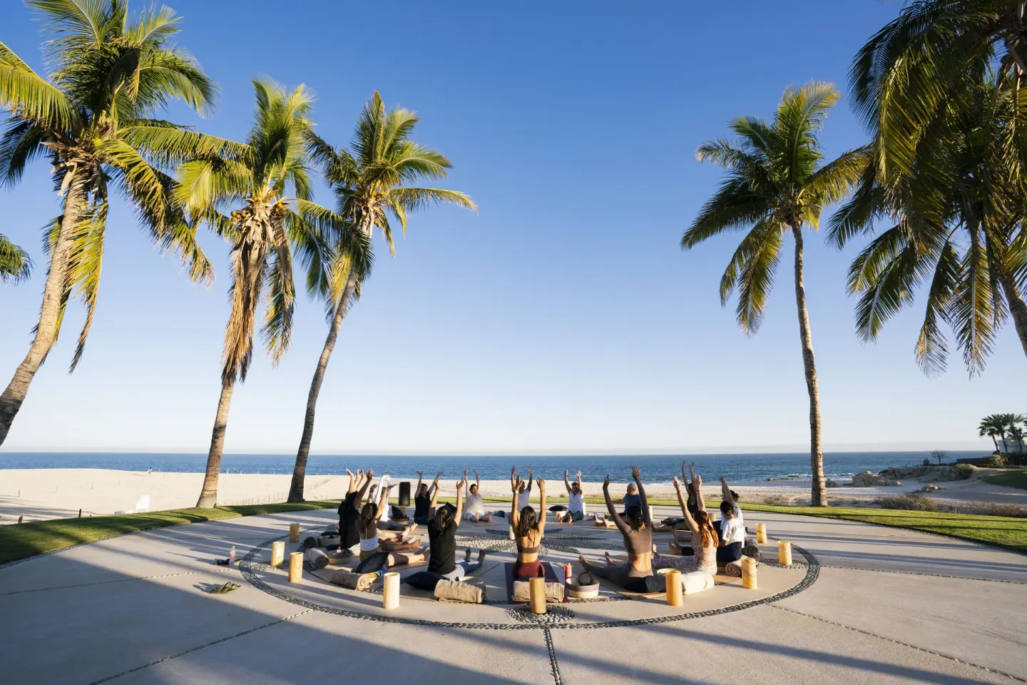 Outdoor group yoga circle under palm trees at Paradisus Los Cabos.