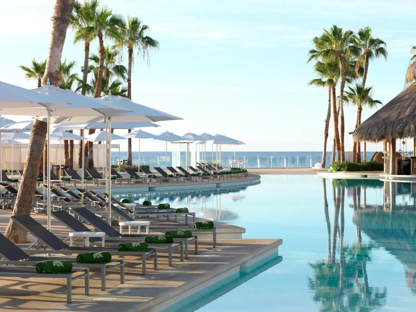 Rows of pool loungers and umbrellas facing the ocean at Paradisus Los Cabos.