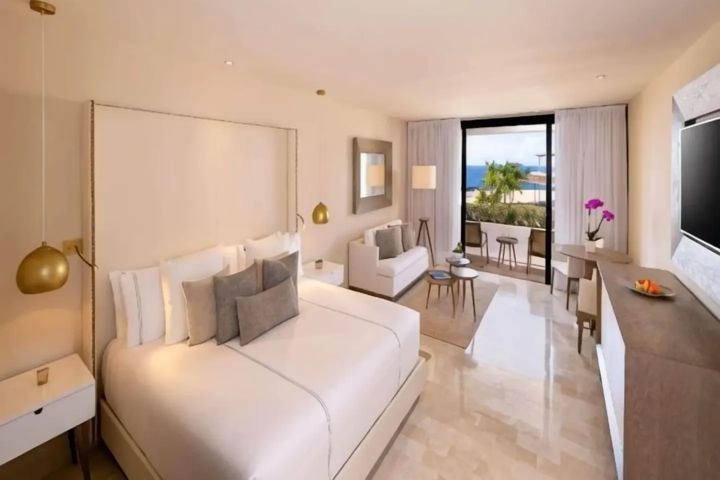 Junior Suite Ocean Front with king bed and balcony view at Paradisus Los Cabos.