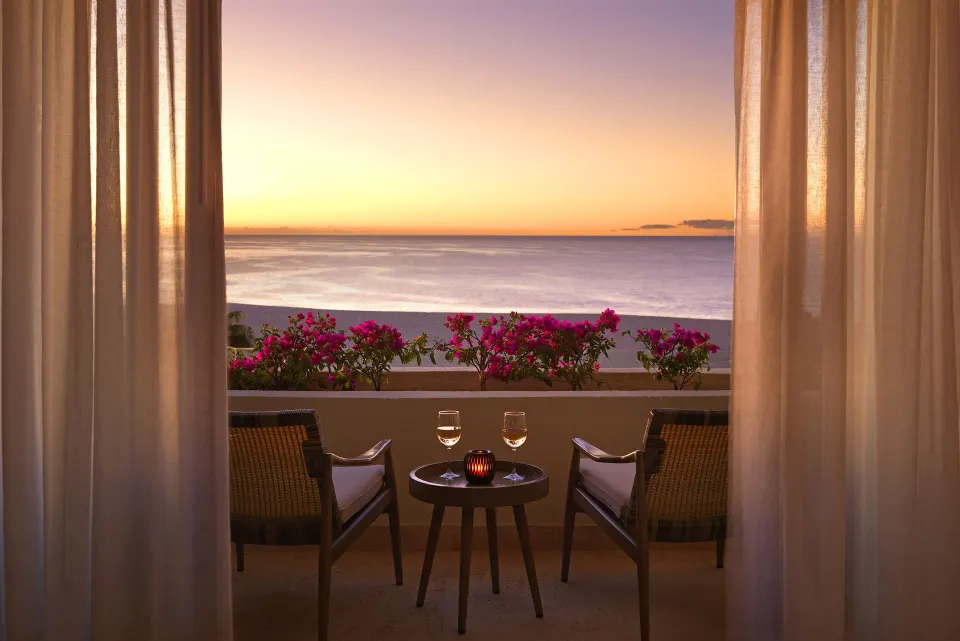 The Reserve Suite Ocean Front balcony at sunset at Paradisus Los Cabos.