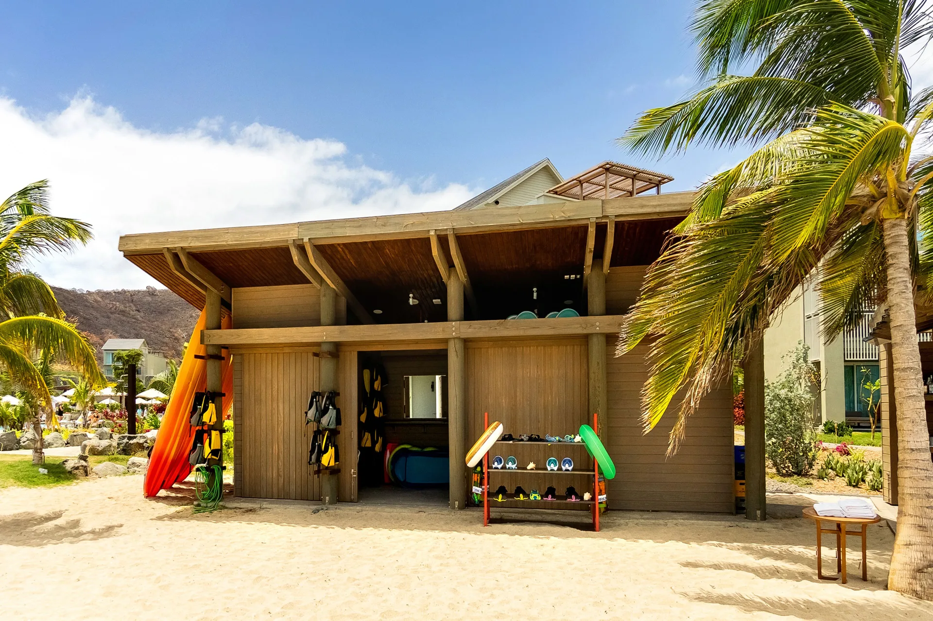 Beach activity hut with watersports gear on the sand at Park Hyatt St. Kitts.