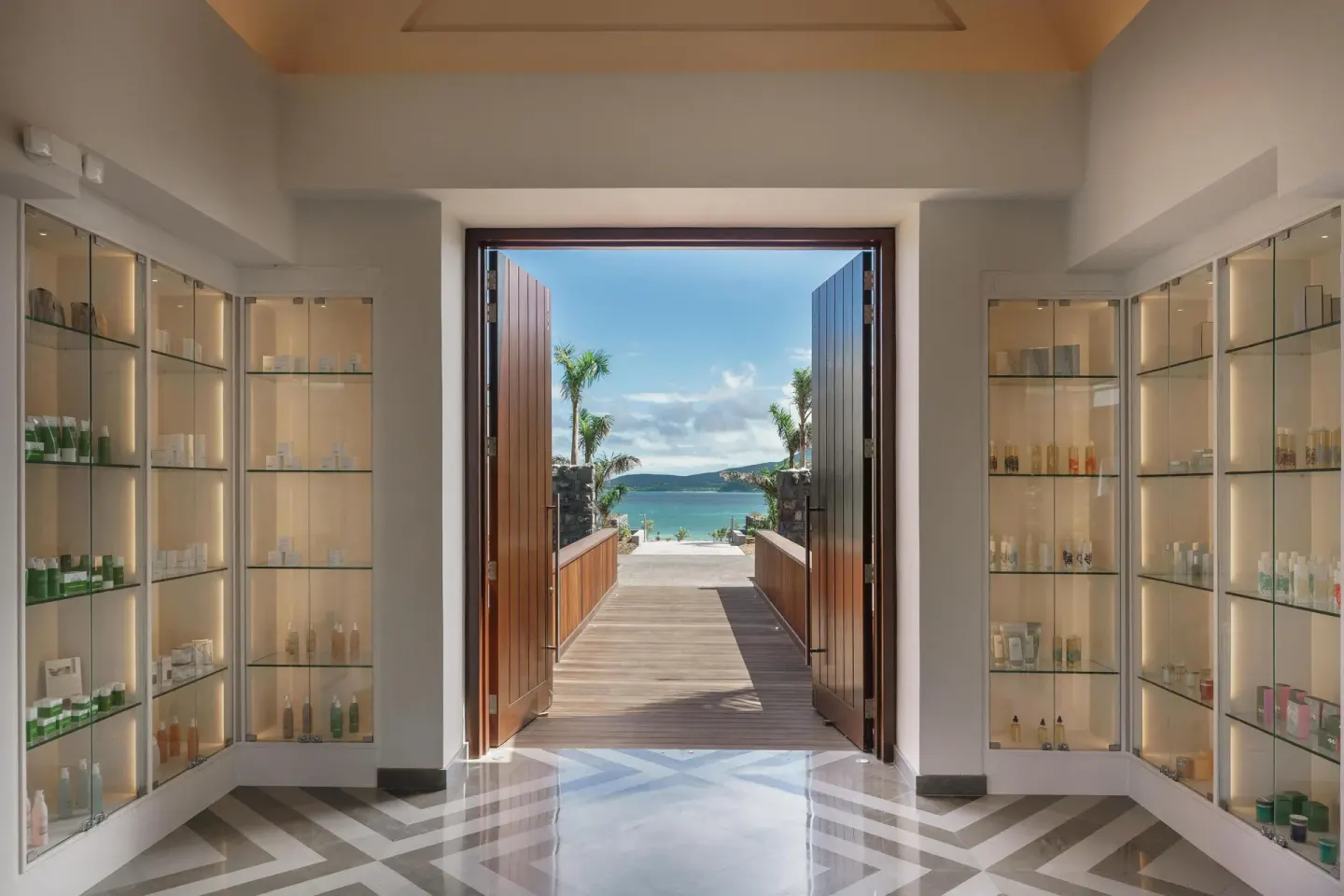 Spa retail displays and open doors to the sea at Park Hyatt St. Kitts.