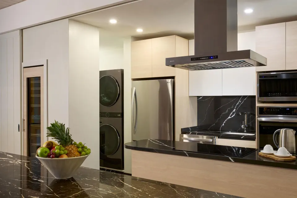 Presidential Villa kitchen with island and appliances at Park Hyatt St. Kitts.