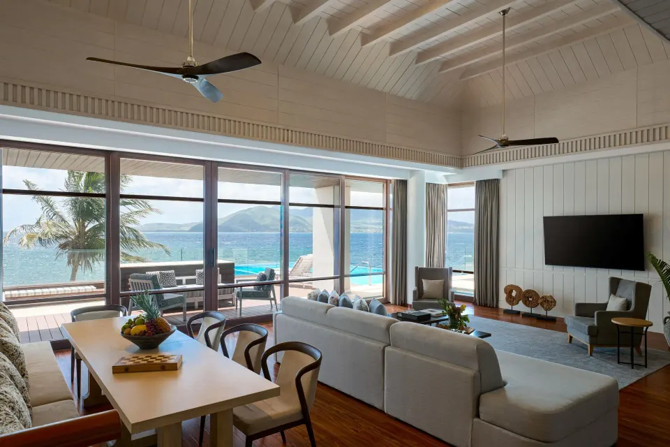 Presidential Villa living and dining room with sea views at Park Hyatt St. Kitts.