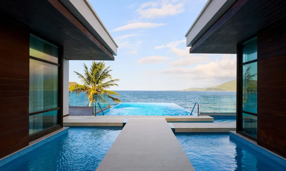 Presidential Villa walkway between plunge pools facing the sea at Park Hyatt St. Kitts.