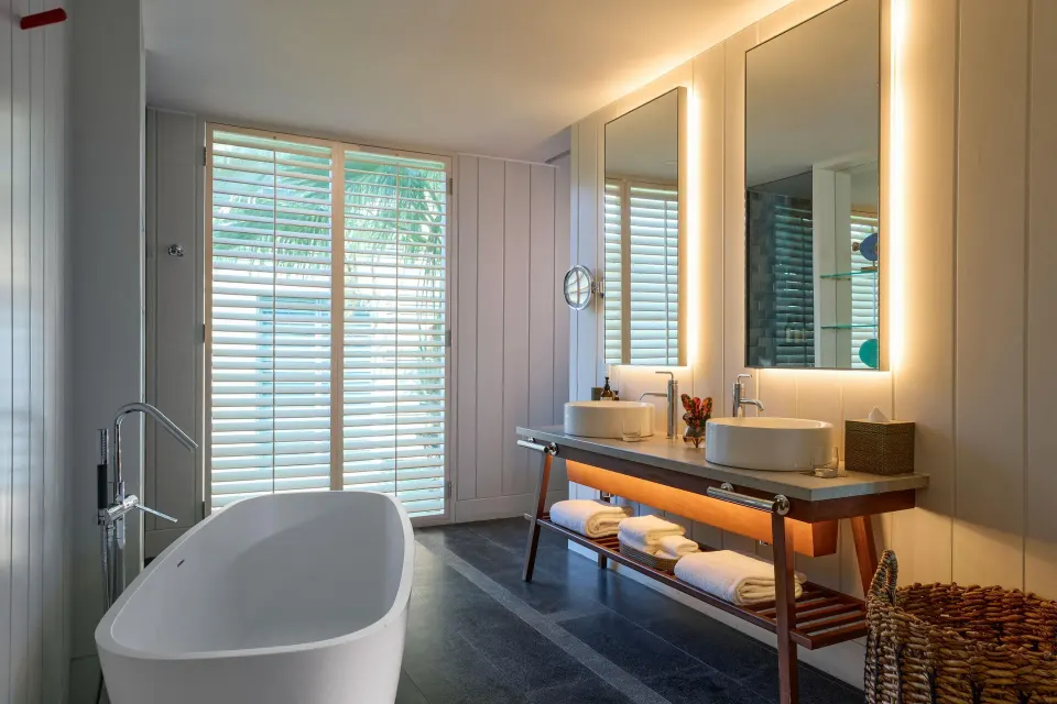 Suite bathroom with soaking tub and double vanity at Park Hyatt St. Kitts.