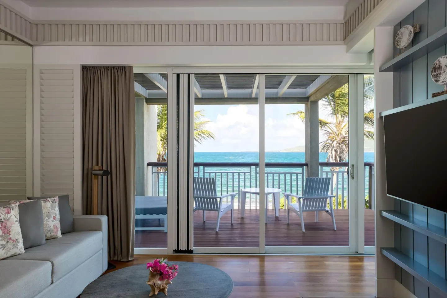 Beachfront suite living area and ocean balcony at Park Hyatt St. Kitts.