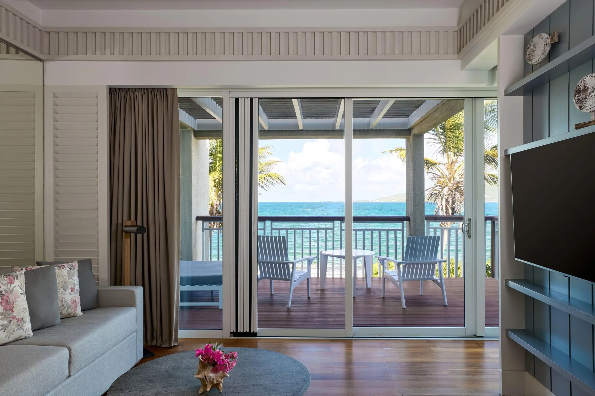 Beachfront suite living area and ocean balcony at Park Hyatt St. Kitts.