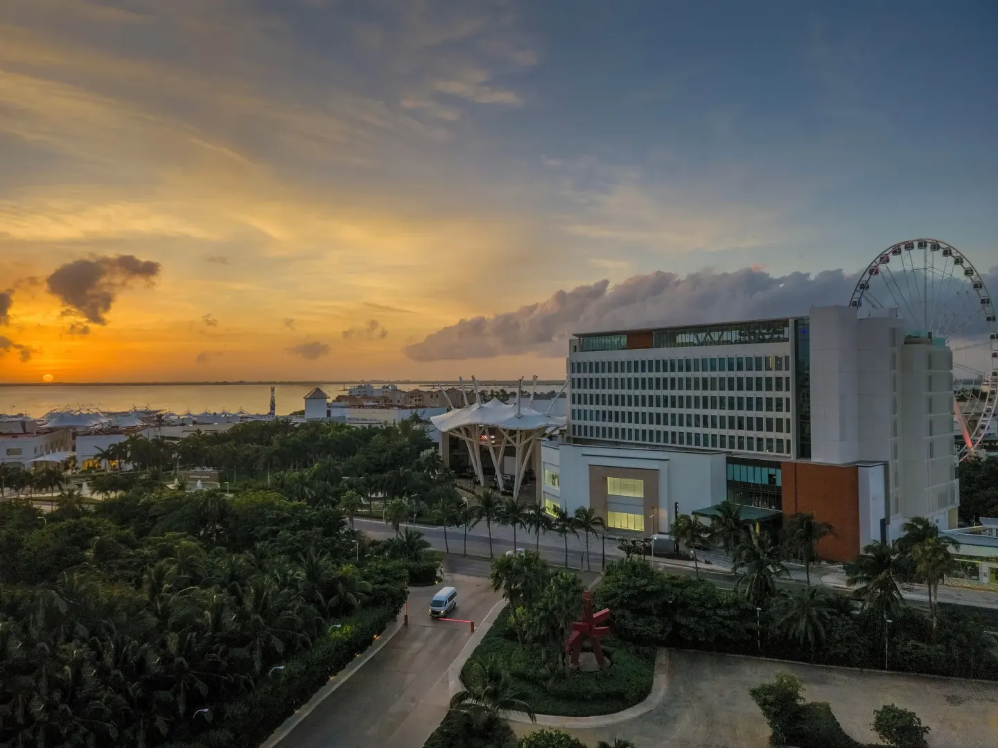 Sunset skyline view from the Honeymoon Room at Park Royal Beach Cancun.