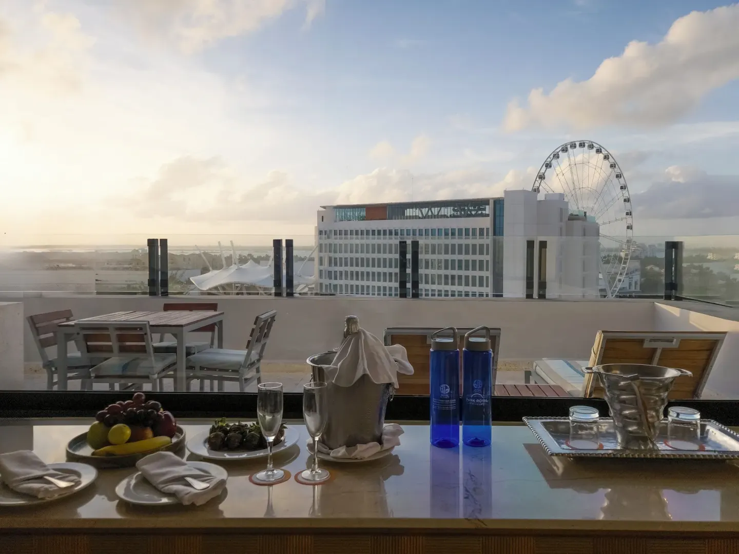 Honeymoon Room terrace setup with drinks and lagoon view at Park Royal Beach Cancun.