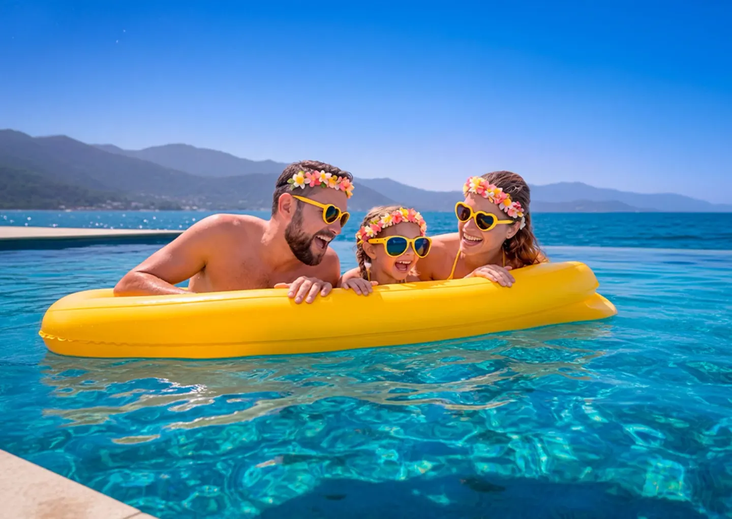 Family floating in a pool with ocean and mountains behind at Park Royal Beach Ixtapa.