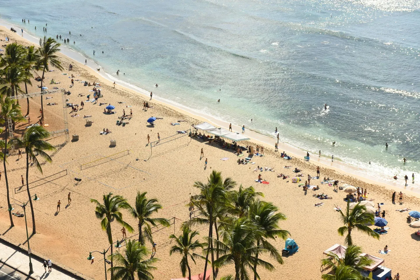 Sunlit Waikiki Beach with palm trees and swimmers at Park Shore Waikiki.