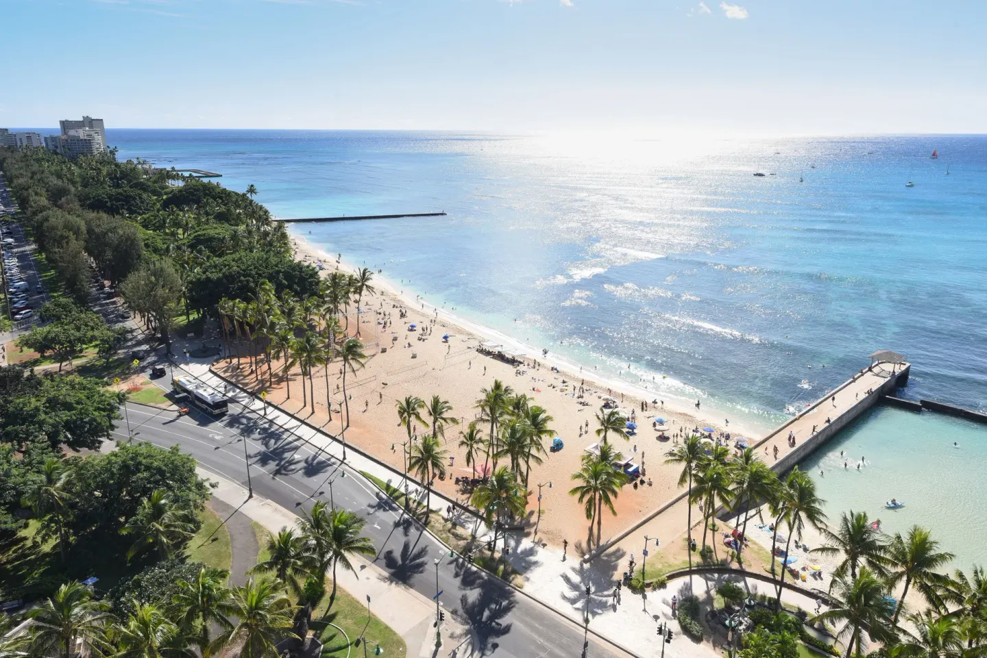 Aerial view of Waikiki Beach and turquoise ocean near Park Shore Waikiki.