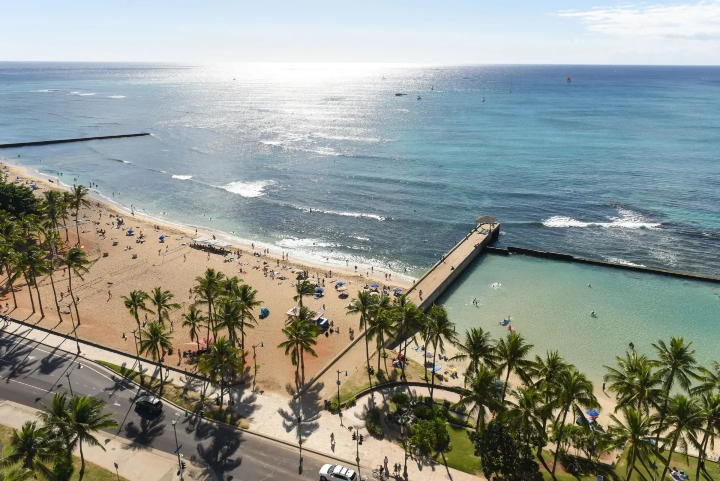 High view of Waikiki Beach, ocean, and pier near Park Shore Waikiki.