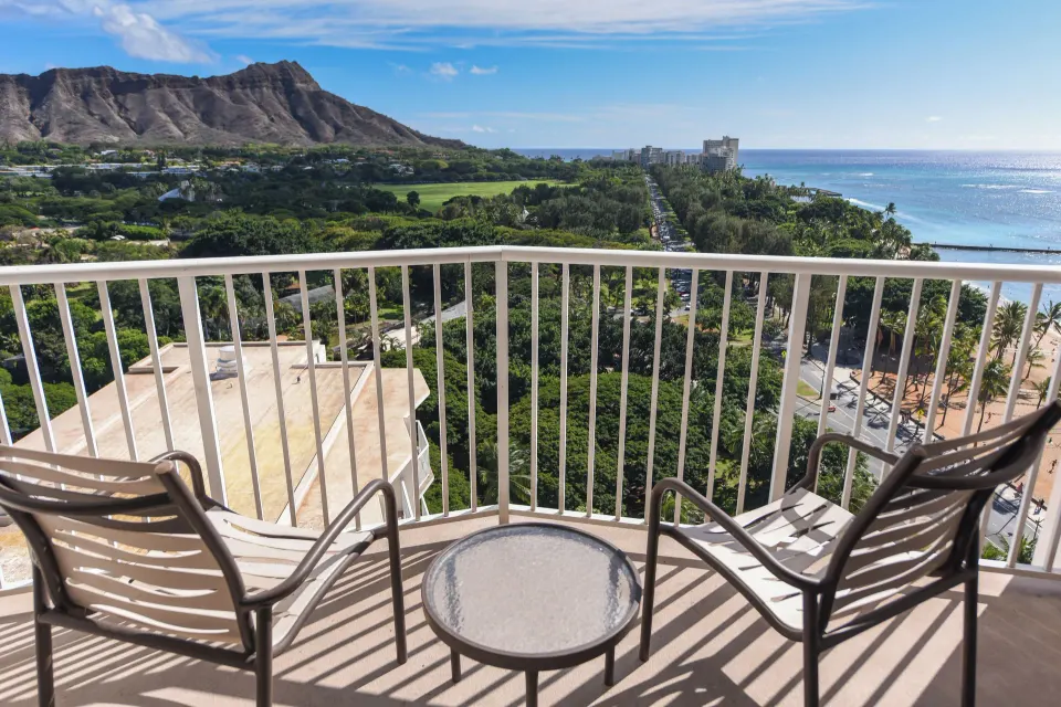 Balcony seating with Diamond Head and ocean view at Park Shore Waikiki.
