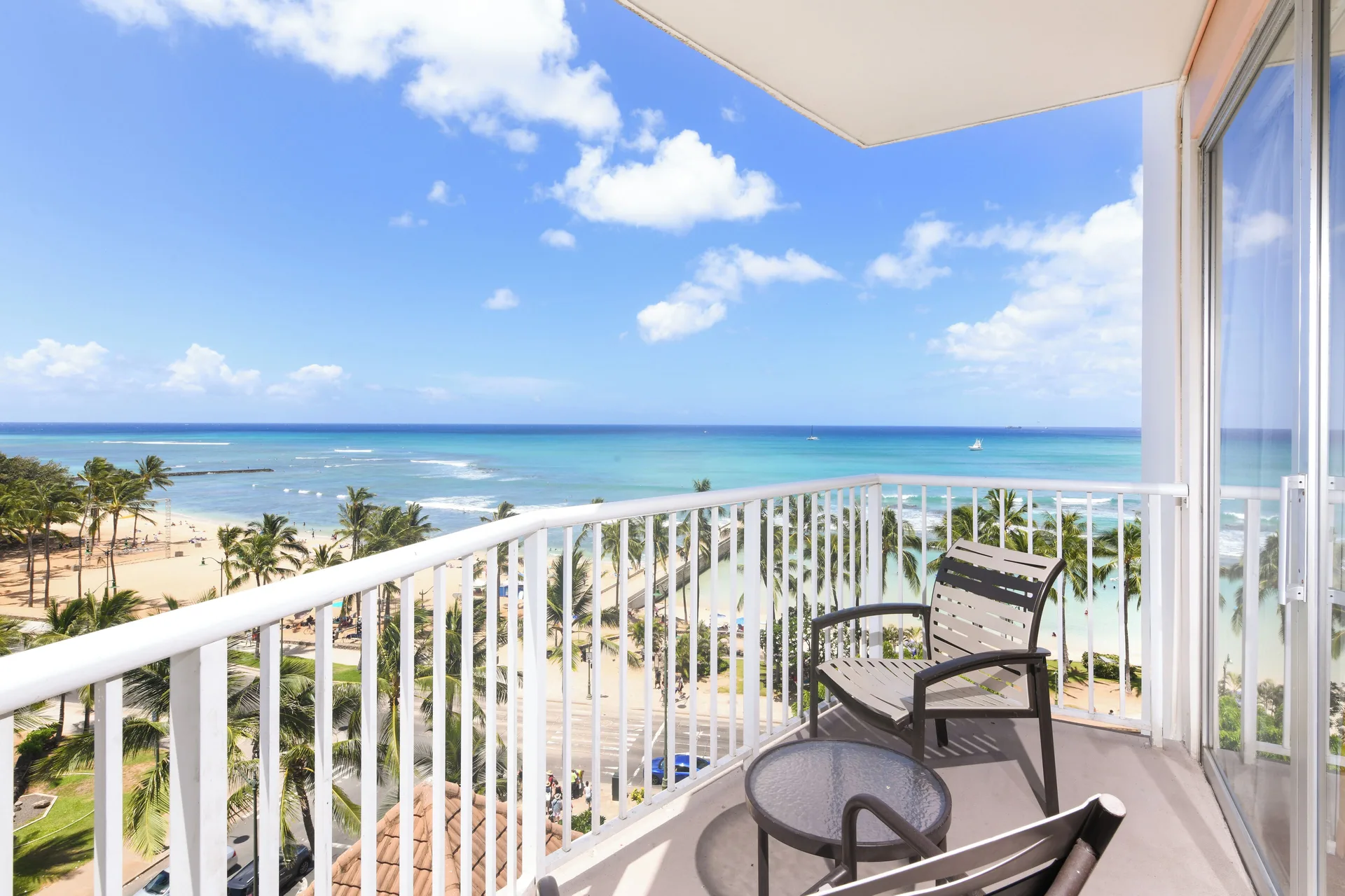 Ocean Front Room at Park Shore Waikiki with private balcony and direct Waikiki Beach views in Honolulu, Oahu.