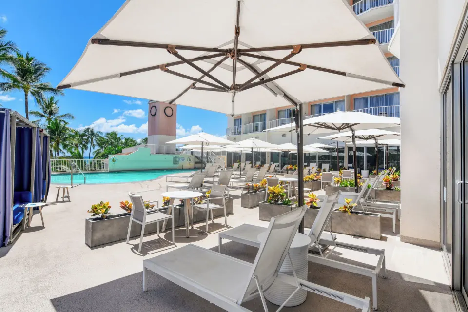 Poolside lanai with umbrellas, chairs, planters, and pool at Park Shore Waikiki.